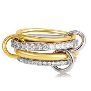 SPINELLI KILCOLLIN Bnad, Two Solid Silver Moissanite Eternity Band 14k Gold Plated Plain Ring Multi Link Band, Two Tone Connector Bands Ring