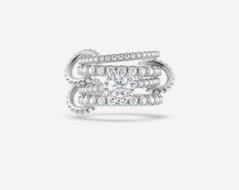 Anillo de eternidad de moissanita con anillo solitario tipo halo, anillo de eternidad pequeño con conector entrelazado, anillo SPINELLI KILCOLLIN, anillo apilable.