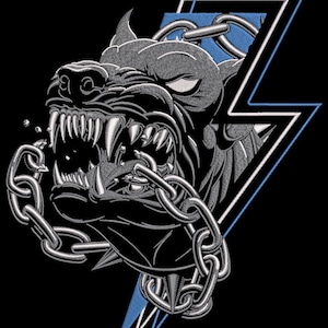 May include: Embroidered design of an aggressive dog's head with bared teeth and a chain collar. The dog is gray and black, set against a black background with a blue and white lightning bolt graphic.