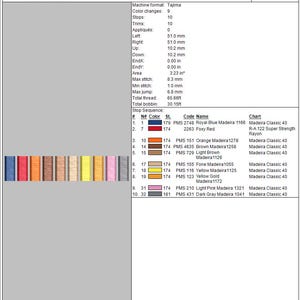 Op de afbeelding: Een productieblad voor een borduurontwerp, getiteld "Tansion Check". Het document bevat ontwerpdetails, kleurinformatie en afmetingen in millimeters en feet. Een kleurenkaart toont een reeks draadkleuren, waaronder blauw, rood, oranje en bruin.
