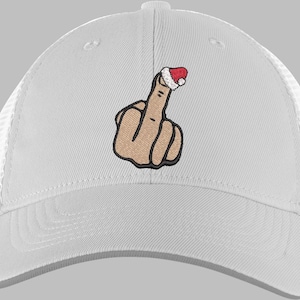 May include: White baseball cap with a mesh back and a middle finger graphic wearing a Santa hat. The graphic is embroidered in shades of brown, black, and red. The cap has a curved brim and a snapback closure.