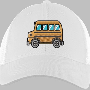 May include: White baseball cap with a mesh back featuring an embroidered yellow school bus. The bus has blue windows and black wheels. This cap is a classic design with a curved peak. The cap is a classic style with a curved brim.
