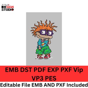 Peut inclure: Motif brodé d'un personnage de dessin animé aux cheveux orange et aux lunettes violettes, portant une chemise turquoise et un pantalon vert. Le texte "EMB DST PDF EXP PXF Vip VP3 PES Editable File EMB AND PXF Included" est inclus.