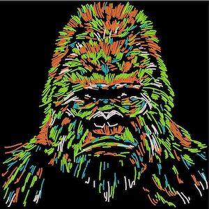 May include: A colorful graphic of a gorilla's face, created with a series of short, vertical lines. The lines are in shades of green, orange, blue, and white against a black background. The gorilla's features are clearly defined.