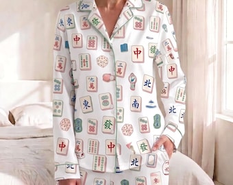 Mahjong-Pyjama-Set, süße Mahjong-Nachtwäsche, Pyjama für Spieleabende für Damen, Geschenk für Mahjong-Fans, Brautjungfern-Pyjama-Set, einzigartiges Mahjong-Geschenk für Mama