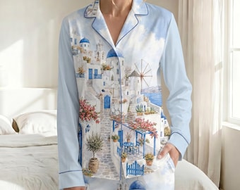 Santorini pyjamasset, Grekland rese-satinsovkläder, akvarellblå kupolpyjamas, grekisk ö långärmad pyjamas, semesterpresent för kvinnor