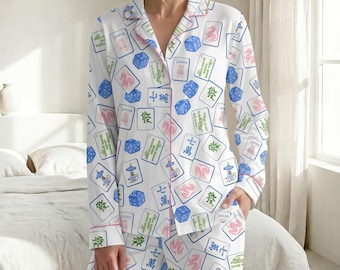 Women’s Mahjong Pajama Set, Chinoiserie Mahjong Party Satin PJs, Watercolor Tile Game Sleepwear, Girls Night Mahjong Loungewear