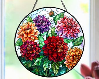 ステンドグラスの花の窓飾り、カラフルなダリアの花のサンキャッチャー、春の庭の窓飾り、誕生日のお母さんへのギフト