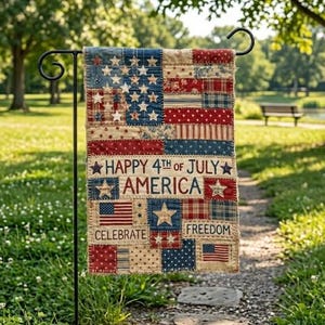 Puede incluir: Una bandera de jardín rectangular con un diseño de patchwork en rojo, blanco y azul. La bandera muestra el texto HAPPY 4TH OF JULY AMERICA, CELEBRATE y FREEDOM, junto con patrones de estrellas y banderas estadounidenses, colgada en un soporte de metal negro.