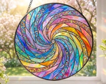 Rainbow Spiral Stained Glass Suncatcher, Stained Glass Window Hanging, Home Decor Gift, Unique Birthday Gift for Mom, Glass Window Decor