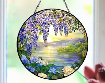 Vetrata decorativa con glicine, tramonto sul lago, regalo per donne, madri, decorazione primaverile per la casa, arte floreale, acchiappasole