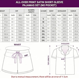 May include: Size chart for a satin short-sleeve pajama set, with measurements in inches and centimeters. The chart includes waist, hip, shorts length, bust, shoulder, sleeve, and top length measurements for sizes S through 5XL. The image also includes illustrations of the pajama shorts and top.