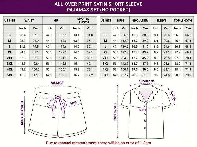 May include: Size chart for a satin short-sleeve pajama set, with measurements in inches and centimeters. The chart includes waist, hip, shorts length, bust, shoulder, sleeve, and top length measurements for sizes S through 5XL. The image also includes illustrations of the pajama shorts and top.