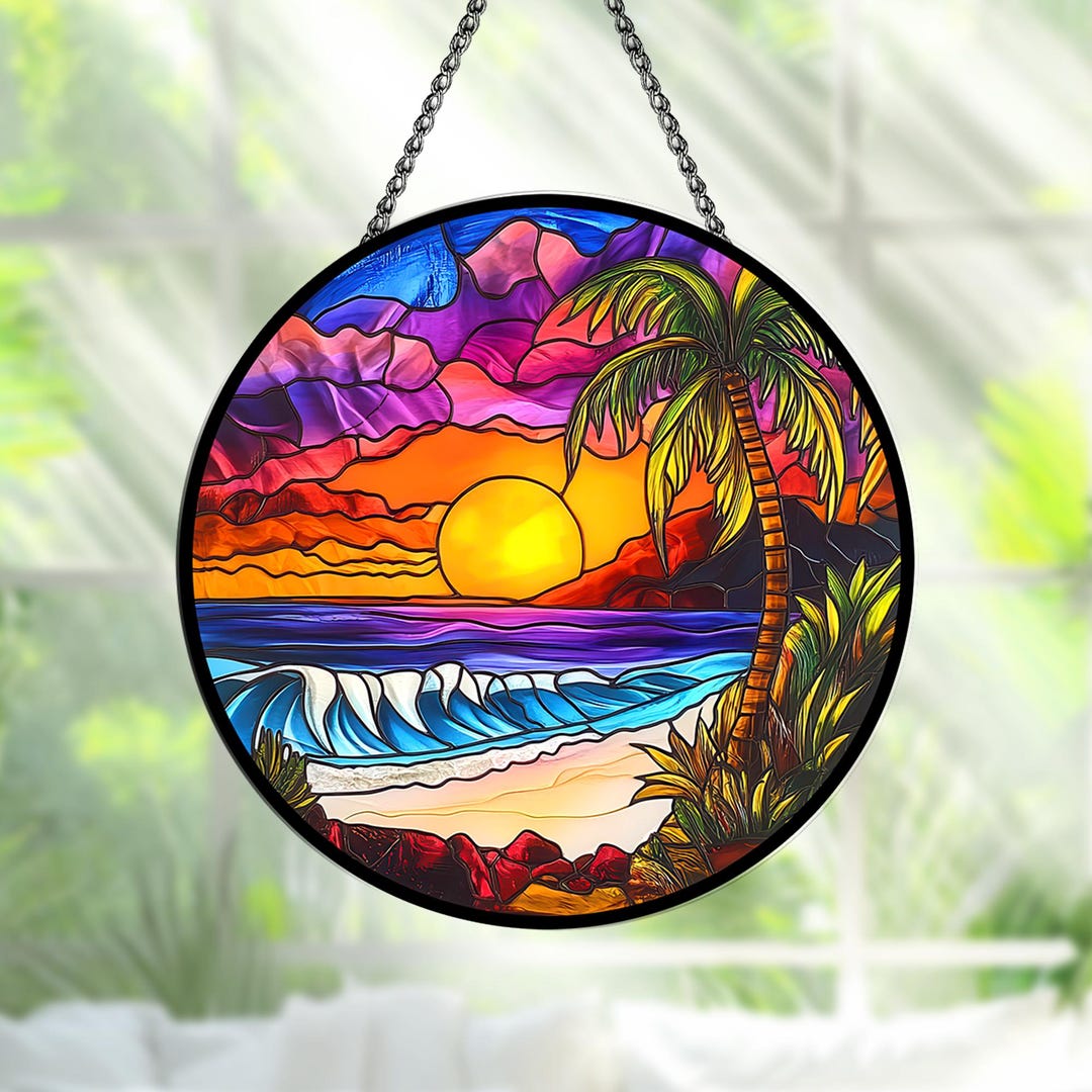 Stained Glass Tropical Beach Sunset Window Hanging Decoration Ocean ...