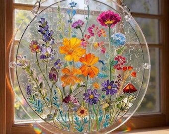 Blumenacrylpuzzle Suncatcher, bunte Blume Sun Catcher, einzigartiges Naturgeschenk, Garten inspirierte Fensterverzierung