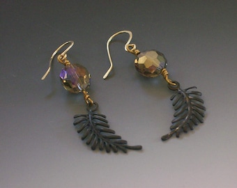 Bronze Feather Crystal Earrings