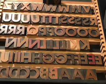May include: A wooden printing block set with individual letters in a drawer. The letters are arranged in alphabetical order, starting with A and ending with Y. The letters are made of wood and have a dark brown finish.