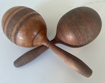Vintage Mexican Maracas Wooden Hand Carved,musical instrument,musical gift,Made in Mexico