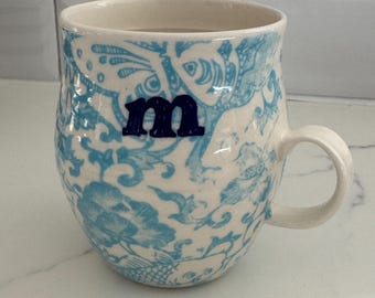 Anthropologie Light Blue Stencil Homegrown Design Letter M Monogram Coffee Mug
