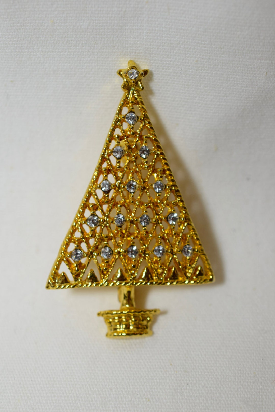 Christmas Tree Brooch,vintage, Gold With Rhinestones, Simple Classic
