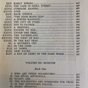 May include: A black and white image of a book's table of contents. The book is titled "Volume III: Moscow" and the chapters are numbered I through VIII. The chapters include titles such as "Who Are These Bolsheviks?" and "Noah's Ark".