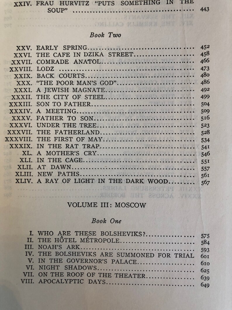 May include: A black and white image of a book's table of contents. The book is titled "Volume III: Moscow" and the chapters are numbered I through VIII. The chapters include titles such as "Who Are These Bolsheviks?" and "Noah's Ark".