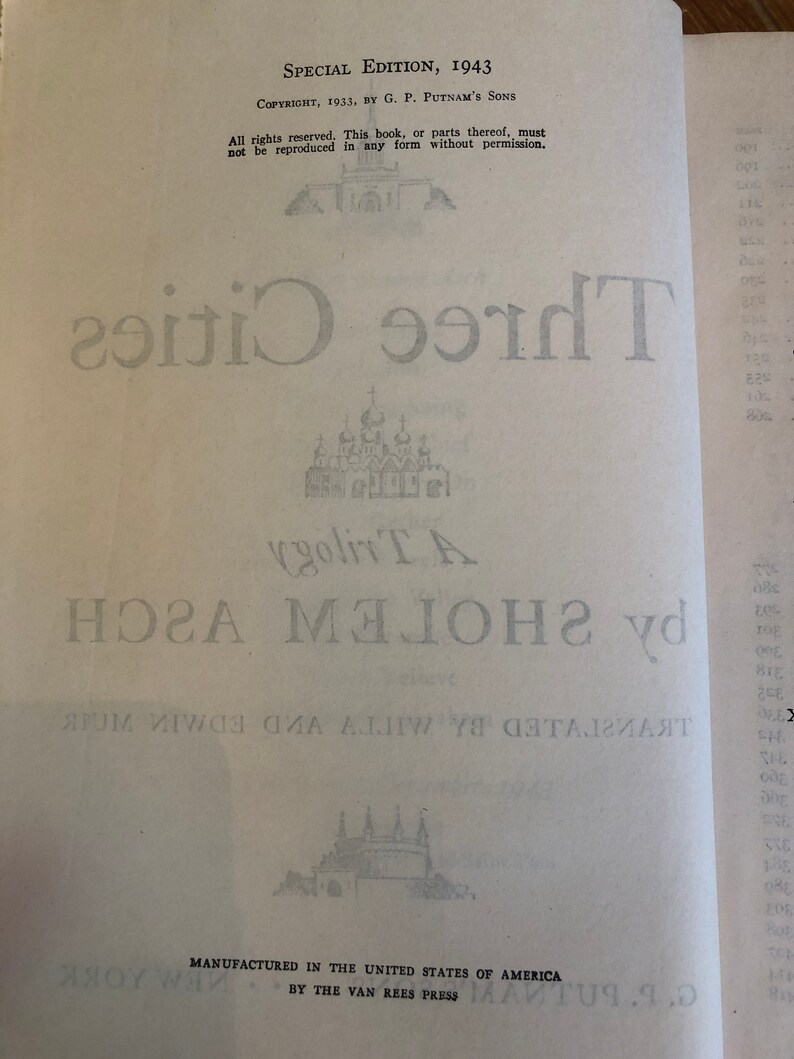 May include: A black and white image of a book cover with the title "Three Cities" and the author's name "By A.J.  HOLMES". The book was published in 1943 by G.P. Putnam's Sons.