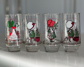 Vintage Coca Cola Holly Hobbie Christmas Glasses - 1977 Limited Edition Set
