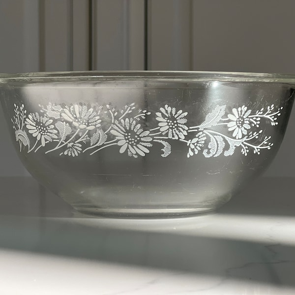 Vintage Pyrex bowl,Colonial Mist pattern,floral design,clear with white flowers, white lace,mixing bowl, serving bowl,1980's