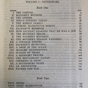 May include: A black and white book with the title "Contents" and a list of chapters with page numbers. The book is titled "Volume I: Petersburg" and is divided into two parts: "Book One" and "Book Two".