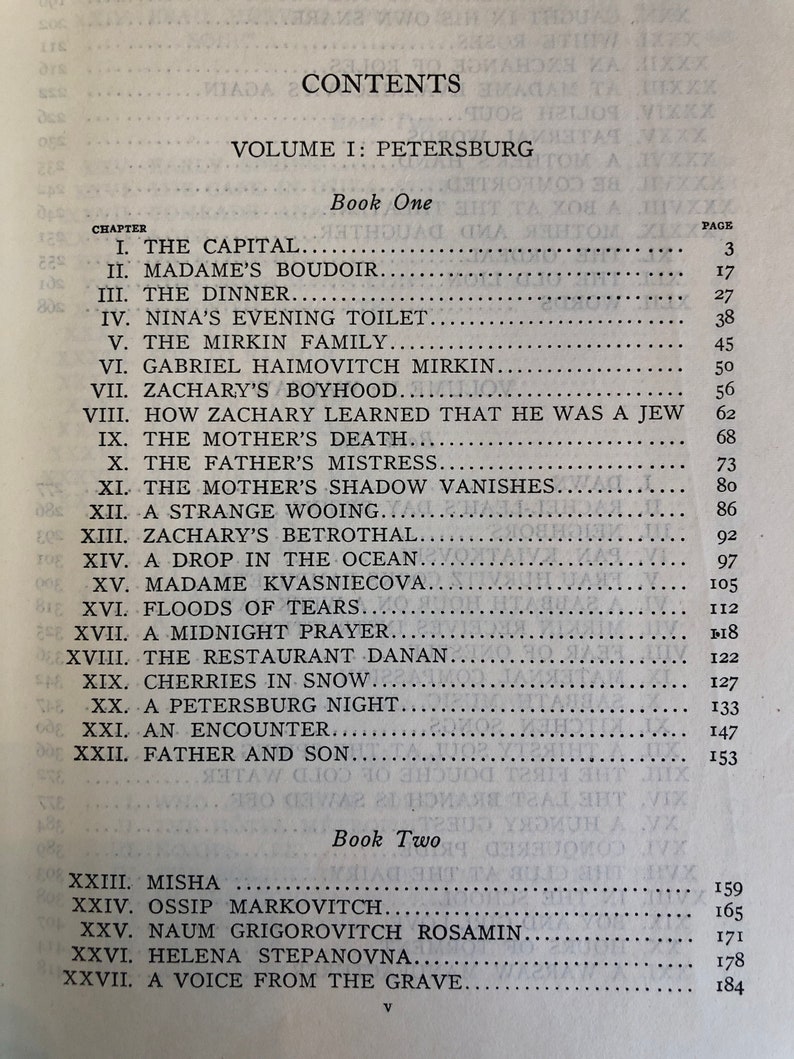 May include: A black and white book with the title "Contents" and a list of chapters with page numbers. The book is titled "Volume I: Petersburg" and is divided into two parts: "Book One" and "Book Two".
