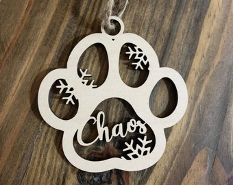 Personalized Pet Paw Ornament: Engraved Wood Animal Ornament