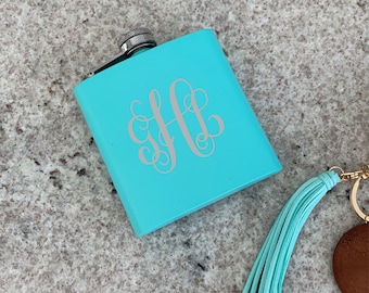 Monogram Flask, Business logo, customer gift, Custom Flask, Gift for Bridesmaid, Personalized Teal Flask Engraved Flask, Bridesmaid