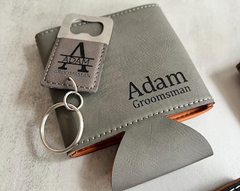 Personalized Groomsman Gift Set: Engraved Can Cooler & Bottle Opener Keychain