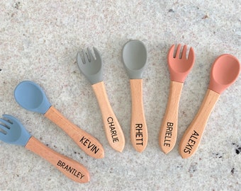 Personalized Engraved Wooden and Silicone weaning Spoon, Fork, Cutlery set, Personalized Spoon, Personalized baby fork, Toddler Spoon