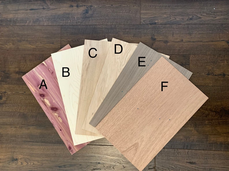 Puede incluir: Seis muestras diferentes de chapa de madera etiquetadas de la A a la F. Las muestras est&aacute;n dispuestas en forma de abanico sobre un suelo de madera oscura. Las chapas de madera son de varios tonos de marr&oacute;n, rojo y blanco.