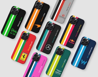 Coque de téléphone à rayures avec livrée de l'équipe de formule 1 personnalisée pour iPhone 16 15 14 13 12, cadeau toutes les équipes de F1 accessoire de fan de sport automobile pour Samsung S25 S24 S23