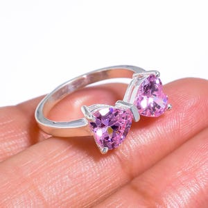 Dainty Bow Ring, Pink Double Heart Ring, Sterling Silver Bow Ring, Cute Girly Jewelry, Promise Ring, Gift for Her, Mothers Day Gift