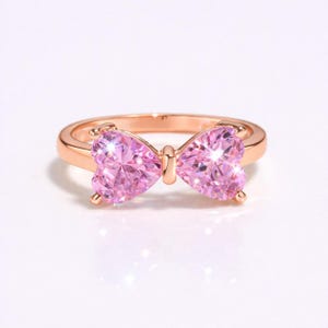 Sparkling Bow Ring | Bow Promise Ring | Pink Zirconia Ring | Double Heart Bow Rings | 925 Sterling Silver Ring Jewelry Gift | Ring for Women