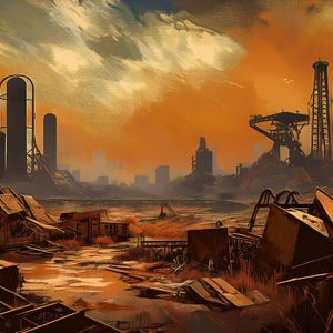 May include: An artistic depiction of an industrial wasteland under a fiery orange sky. The scene features silhouetted structures, including towers and buildings, amidst scattered debris and dry vegetation, evoking a post-apocalyptic theme.