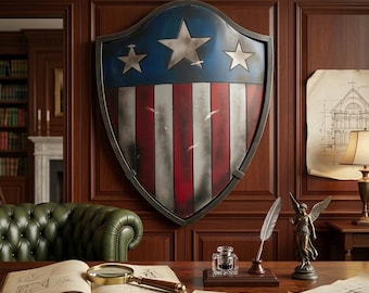 Captain America Battle Shield: Damaged Battle Aluminum, Leather Straps - 19.5x25 Inch