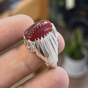 Natural Yemeni Aqeeq Ring for Men, Handmade 925 Sterling Silver , Red Agate Carnelian Gemstone, Islamic Spiritual Jewelry Gift.
