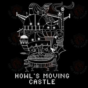 May include: A monochrome graphic depicting Howl's Moving Castle, a complex structure with various levels, chimneys, and mechanical elements. The text "HOWL'S MOVING CASTLE" is shown in a pixelated font at the bottom of the image.
