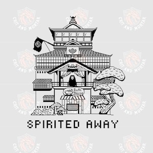 May include: Black and white illustration of a Japanese bath house from the movie Spirited Away. The image includes the text "Spirited Away" at the bottom. The bath house has multiple levels, a flag, and a tree.