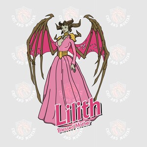 May include: A cartoon illustration of Lilith, a character with pink wings, a pink dress, and horns. The image includes the text "Lilith Blessed Mother". The background features a repeating logo.