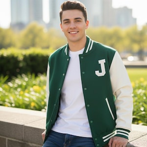 Chaqueta universitaria personalizada con cuerpo de lana y mangas de cuero, regalo personalizado