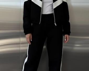 Tech Fleece Tracksuit, Women's Two-Piece Set, Contrast Panel Hoodie