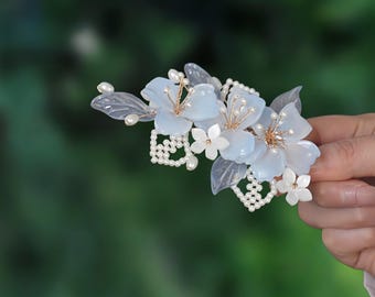 Fermaglio per capelli con fiore in vetro blu, fermaglio per damigella d'onore, elegante regalo floreale da fata per lei