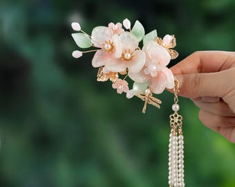 Rosa Grün Pfirsich Blüte Haarspange, Glas Brautjungfer Haarspange, Elegantes Blumengeschenk