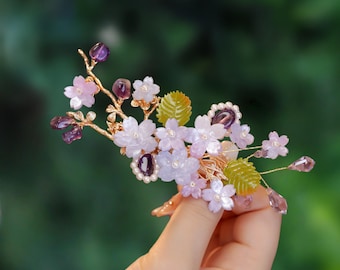 Fermaglio per capelli a forma di fiore in vetro viola, accessorio per capelli da sposa fatato, regalo per damigella d'onore.